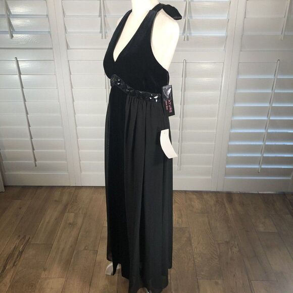 New Signature by Robbie Bee Cocktail Dress 8 Black Halter Velvet Satin Chiffon - Picture 7 of 12